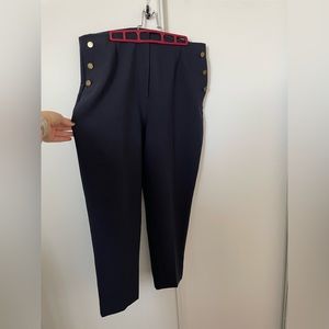High-waist, straight leg trouser, navy with gold buttons